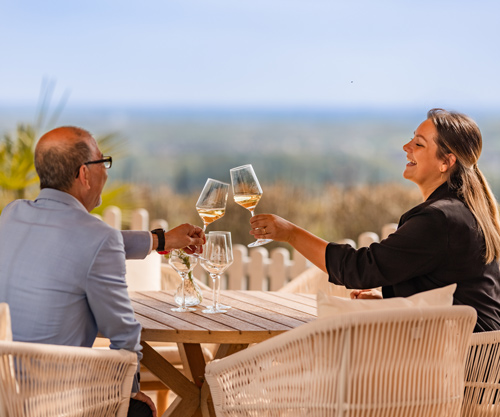 Eine Frau und ein Mann stoßen in der Skylounge an